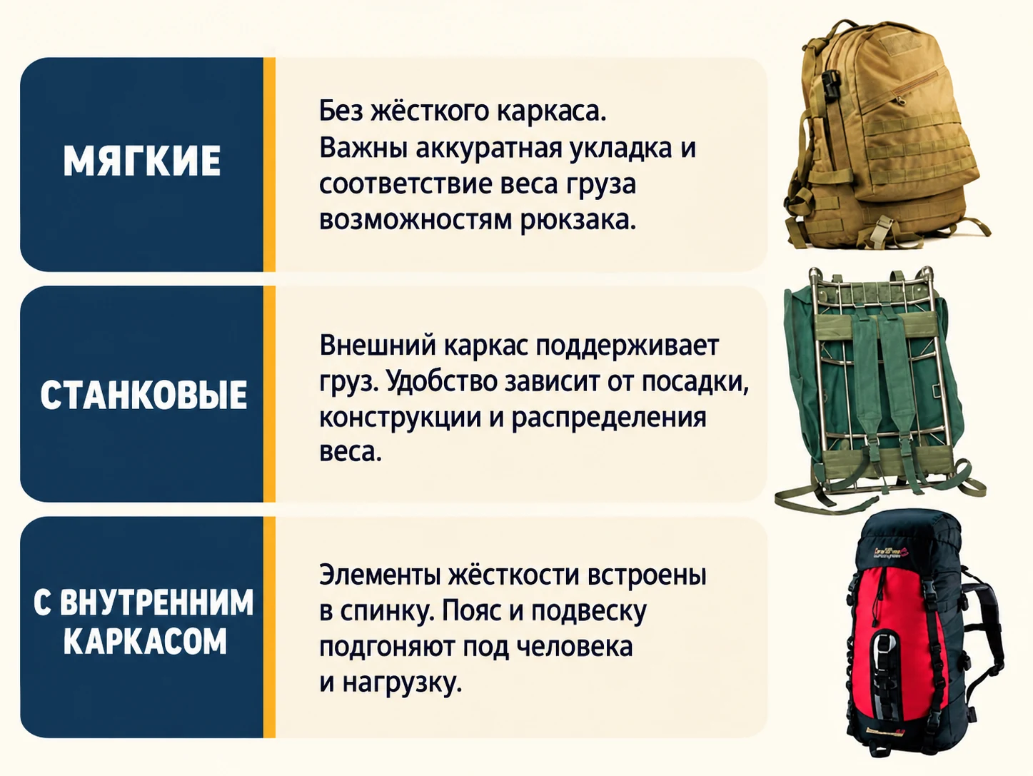 Сравнение мягкого, станкового рюкзака и модели с внутренним каркасом