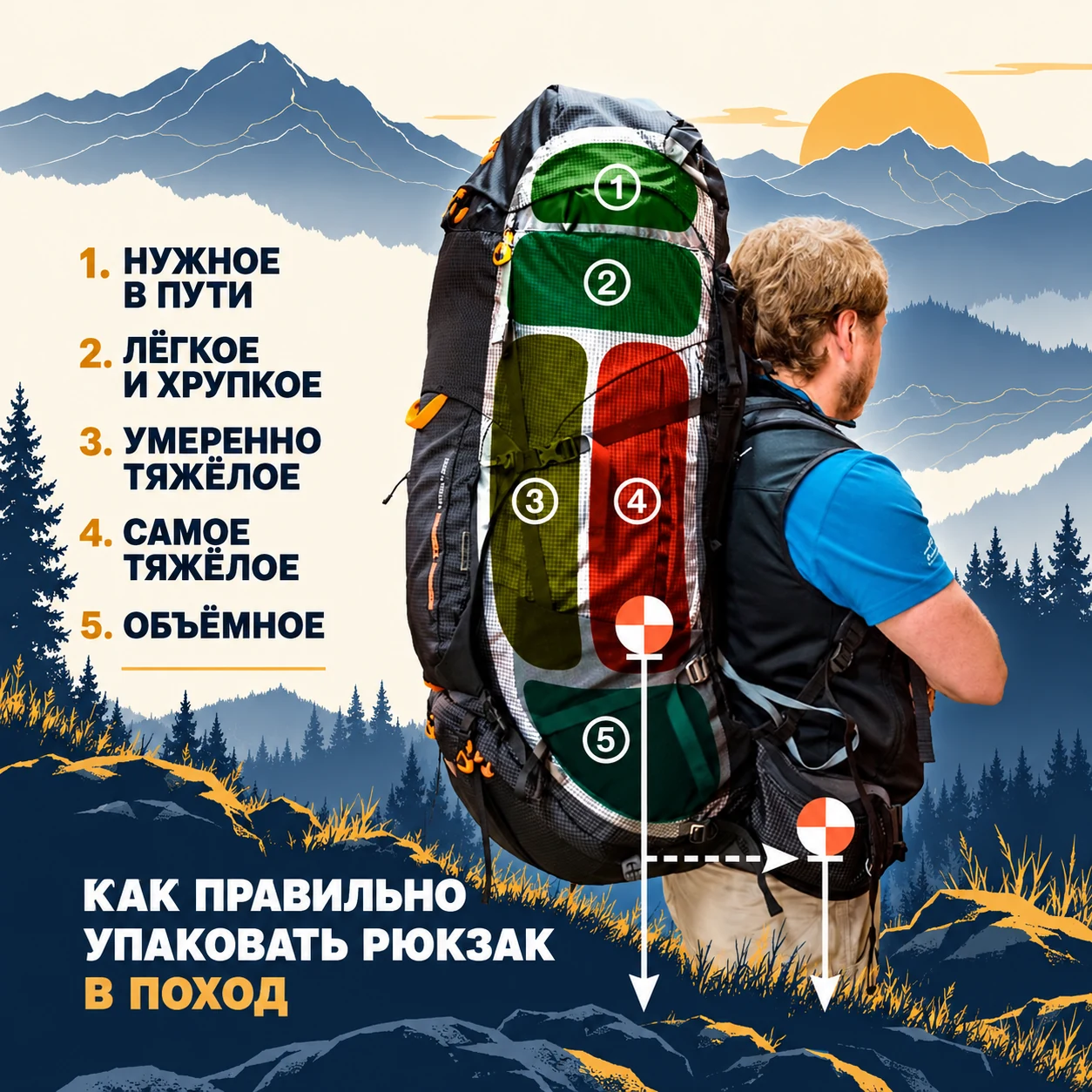 Схема укладки рюкзака с тяжёлыми вещами ближе к спине