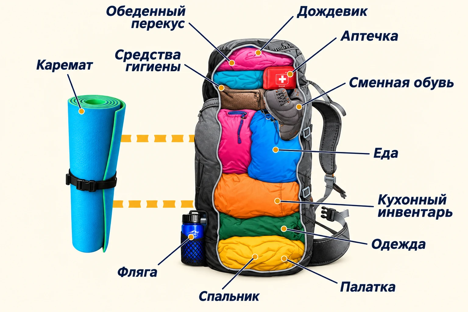 Схема размещения спальника, одежды, еды, аптечки и коврика в рюкзаке