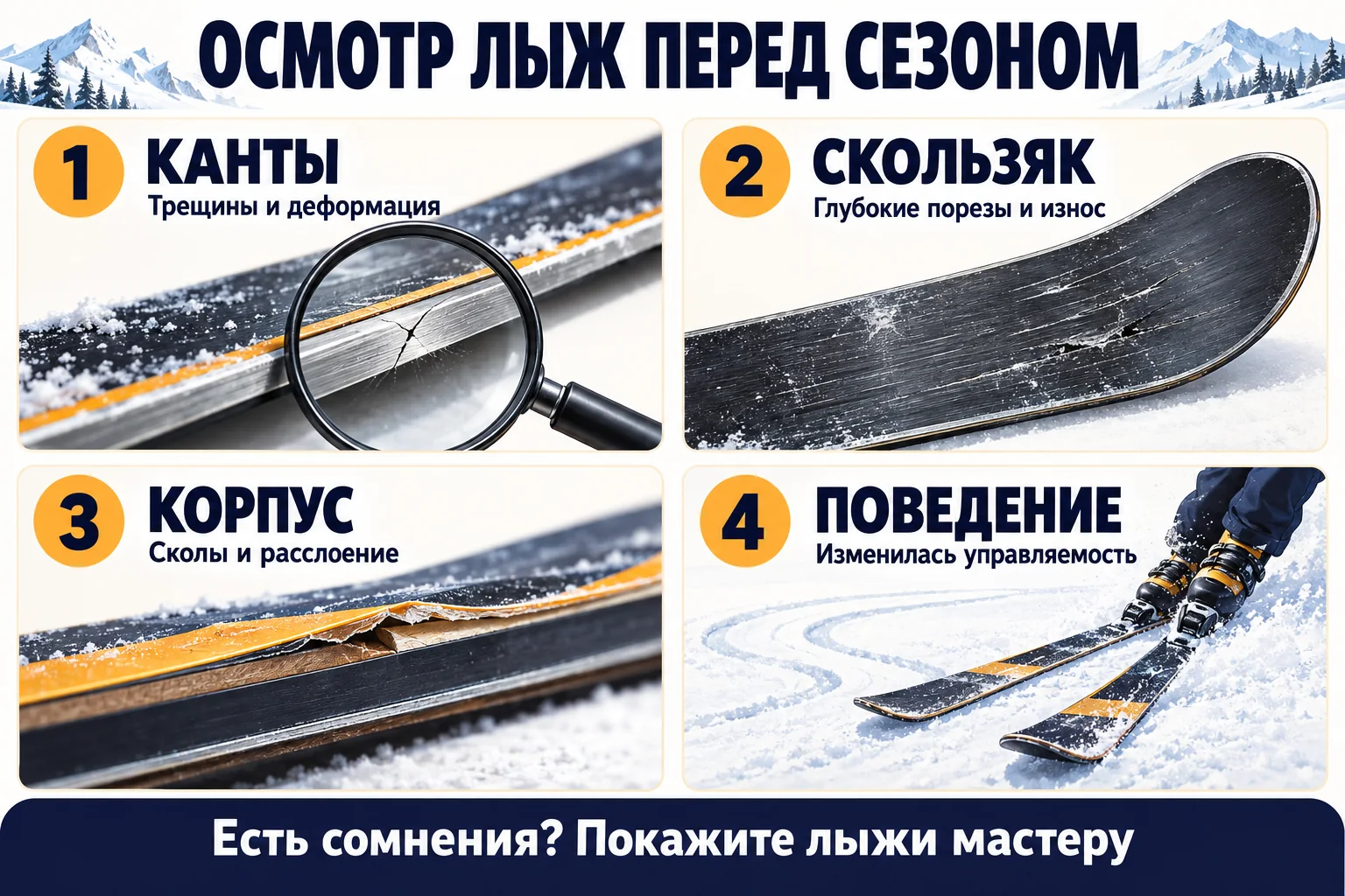 Памятка осмотра лыж: канты, скользящая поверхность, корпус и изменения управляемости.