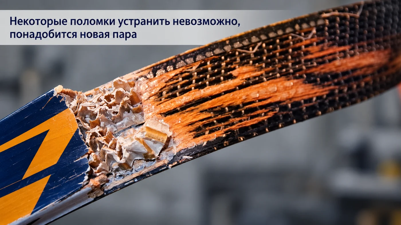Серьёзное разрушение конструкции требует оценки мастером; продолжать катание без проверки нельзя.