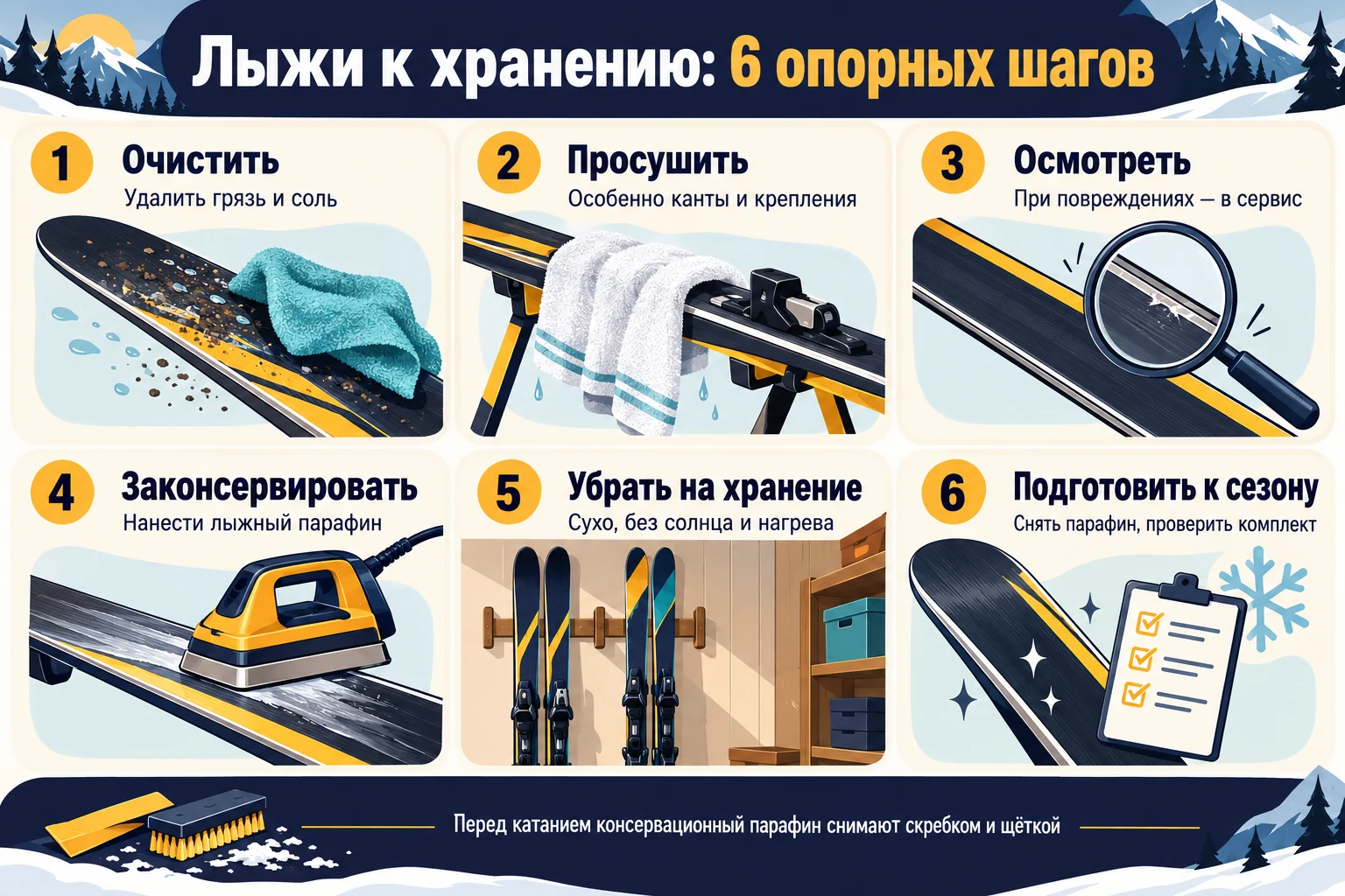 Памятка по подготовке лыж к хранению: очистить, просушить, осмотреть, законсервировать, убрать в сухое место и подготовить к сезону.