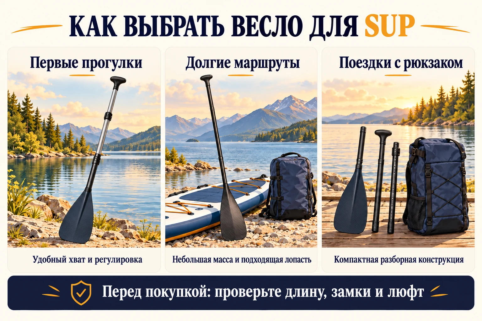 Три сценария выбора SUP-весла: первые прогулки, долгие маршруты и поездки с рюкзаком.