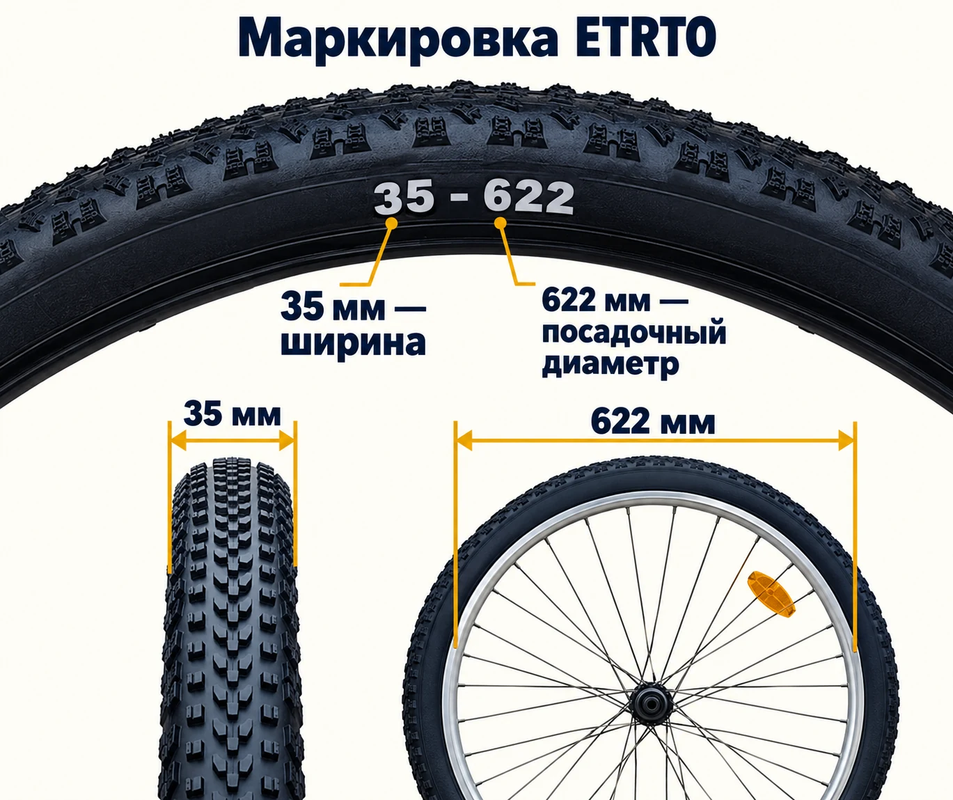 Размер ETRTO 35-622: ширина 35 мм и посадочный диаметр 622 мм