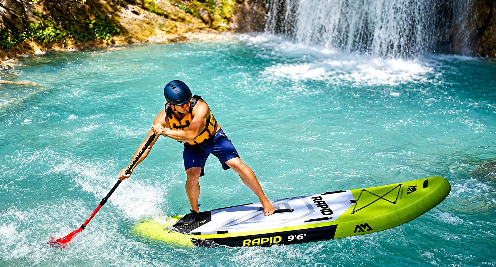 Райдер на доске Aqua Marina Rapid выполняет гребок на воде.